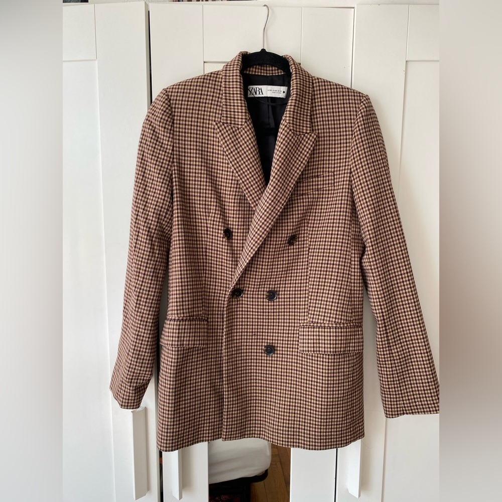 Zara Textured Brown Check Double Breasted Blazer Jacket Size XS - Picture 2 of 10